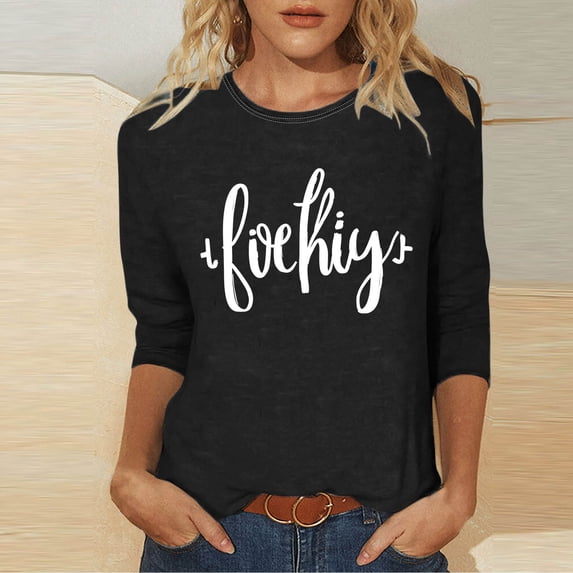 Ounisa Shirts for Women 3/4 Sleeve Plus Size Tops Loose Crew Neck T Shirts Casual Summer Letter Printed Tops