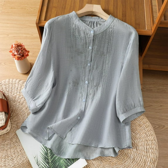 Ounisa Shirts for Women Summer Embroidered Cotton Linen Blouse 3/4 Sleeve Stand Up Collar Top Vintage Boho Causal Button Shirt
