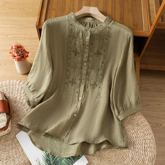 Ounisa Shirts for Women Summer Embroidered Cotton Linen Blouse 3/4 Sleeve Stand Up Collar Top Vintage Boho Causal Button Shirt