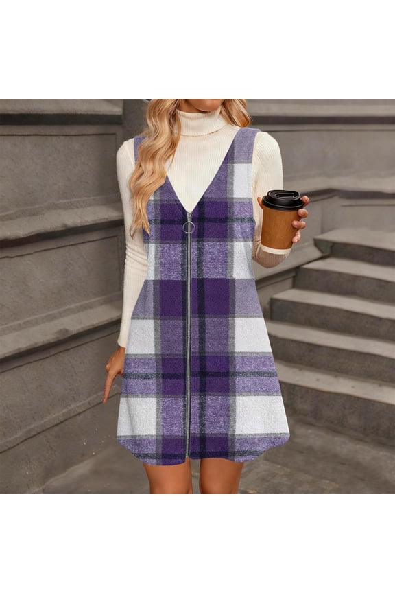 Spring Dresses for Women V Neck Plaid Sleeveless Wide Strpas Pockets Casual Pinafore Mini Overall Dress
