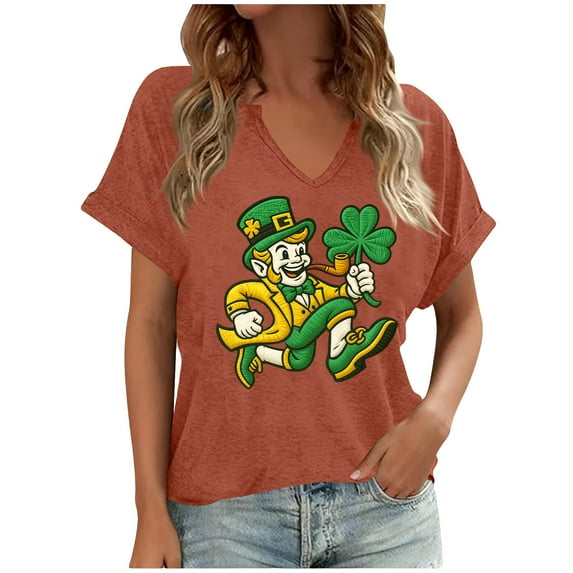Ounisa St Patrick's Day V Neck Shirts for Womens Irish Shamrock Graphic Tee Funny Lucky Heart Printed Short Sleeve Shirts Tops