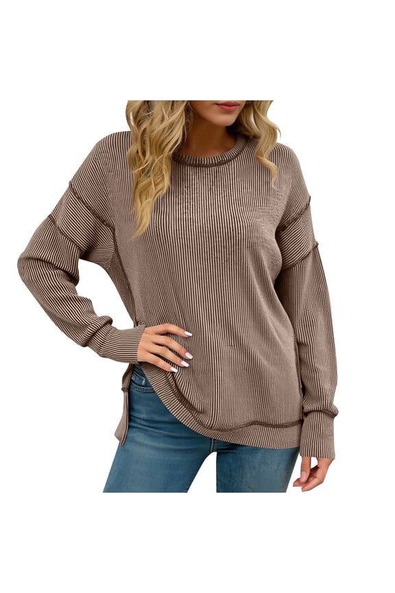 Striped Sweater Women Y2k Side Slit Oversized Crewneck Sweatshirt No Hood Fleece Pullover Sweatshirts Fall Clothes
