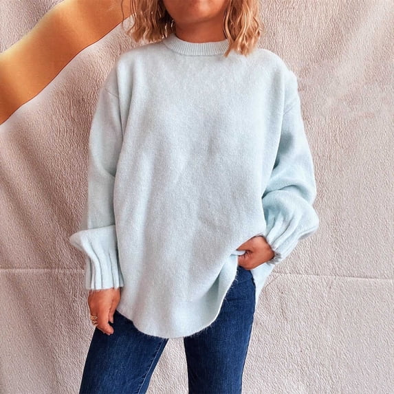 Ounisa Sweaters for Women Long Sleeve Round Neck Striped Knit Drop Shoulder Fall Jumper 2025 Henley Pullover