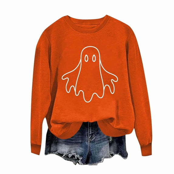 Ounisa Sweatshirt for Womens Thanksgiving Halloween Round Neck Ghost Printed Shirts Pullover Long Sleeve Hoodless