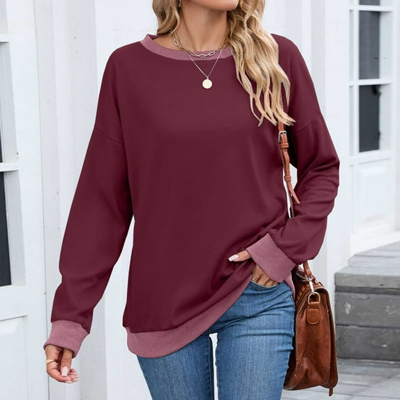 Ounisa Sweatshirts for Women Crewneck Long Sleeve Loose Fit Tops Color Block Ribbed Trim Fashion 2025
