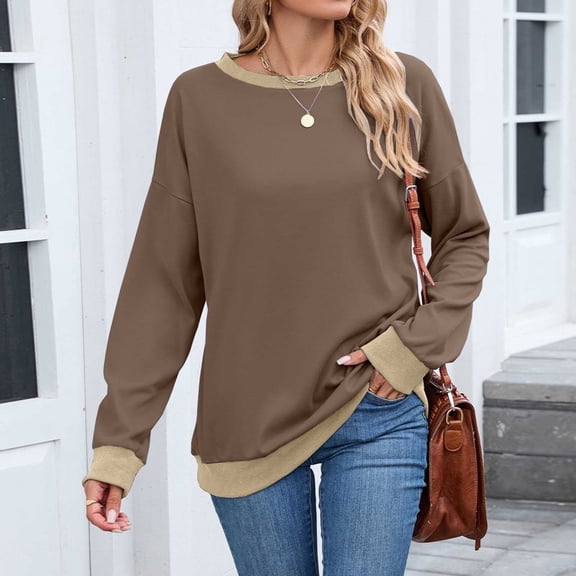 Ounisa Sweatshirts for Women Crewneck Long Sleeve Loose Fit Tops Color Block Ribbed Trim Fashion 2025