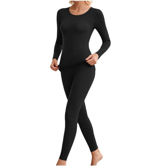 Ounisa Thermal Underwear Set for Women 2 Pc Long Johns Crew Neck Long Sleeve Base Layer Top Warm Lounge Set