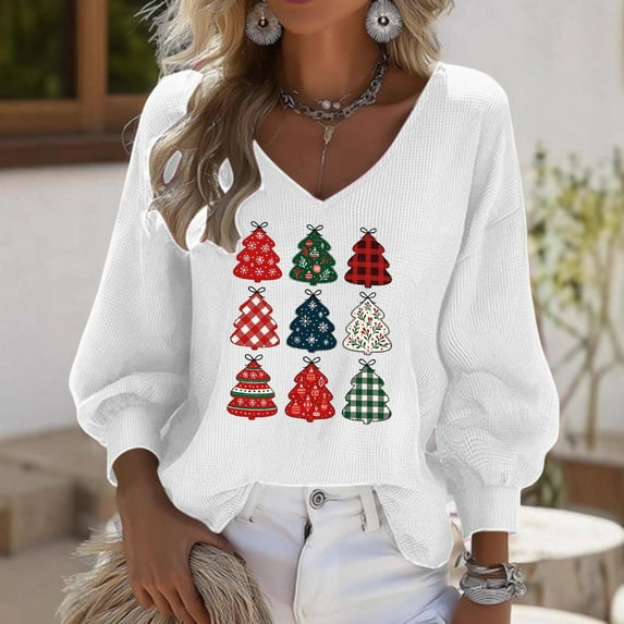 Ounisa Ugly Christmas Trees Tops 3/4 Sleeve Shirt for Women Soft Waffle Cute Funny Wintertime Holiday Parties Sweatshirts Deep V Neck Pullover