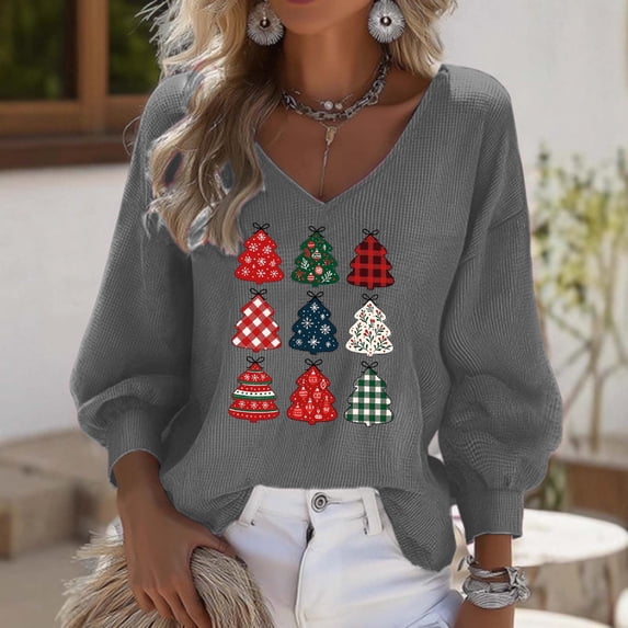Ounisa Ugly Christmas Trees Tops 3/4 Sleeve Shirt for Women Soft Waffle Cute Funny Wintertime Holiday Parties Sweatshirts Deep V Neck Pullover