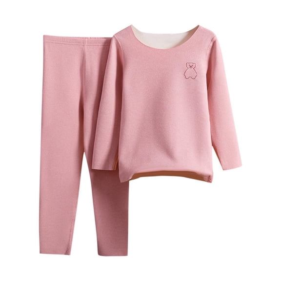 Ounisa Unisex Kids Fleece Thermal Set Crew Neck Bear Print Top Pants Long Johns Sleepwear Base Layer