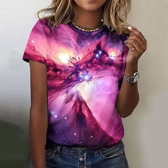 Ounisa Unisex Short Sleeve T Shirts Crew Neck Starry Sky Galaxy Print Casual Soft Loose Fit Spring Summer Daily Wear Fashion Tops S-5XL