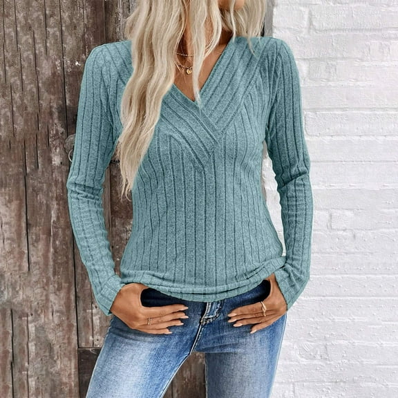Ounisa V Neck Long Sleeve Shirts for Women Casual Fall Tops Lightweight Tunic Sweaters Fashion Clothes Loose Fit 2025