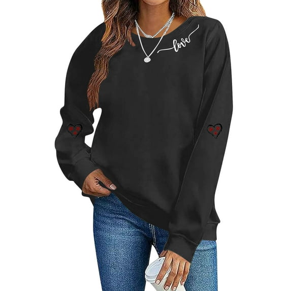 Ounisa Valentine's Day Sweatshirt for Women Funny Love Heart Letter Shirts Casual Valentine Pullover Long Sleeve Crewneck Clothes