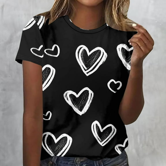 Ounisa Valentine's Shirt for Womens Cute Love Heart Printed Tees Short Sleeve Graphic Tops