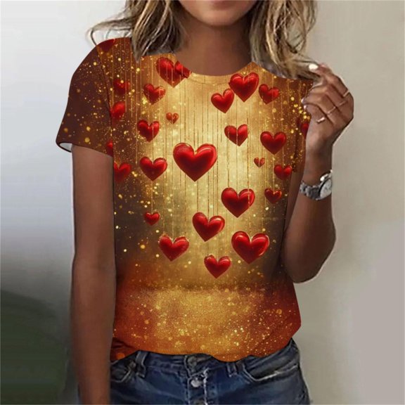 Ounisa Valentines Shirts Women Love Heart Graphic Print Short Sleeve Tee Tops