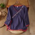 thumbnail image 1 of Ounisa Vintage Floral Embroidery Cotton Linen Tops for Women Chinese Frog Button 3/4 Sleeve Loose Casual Blouses Shirts, 1 of 9