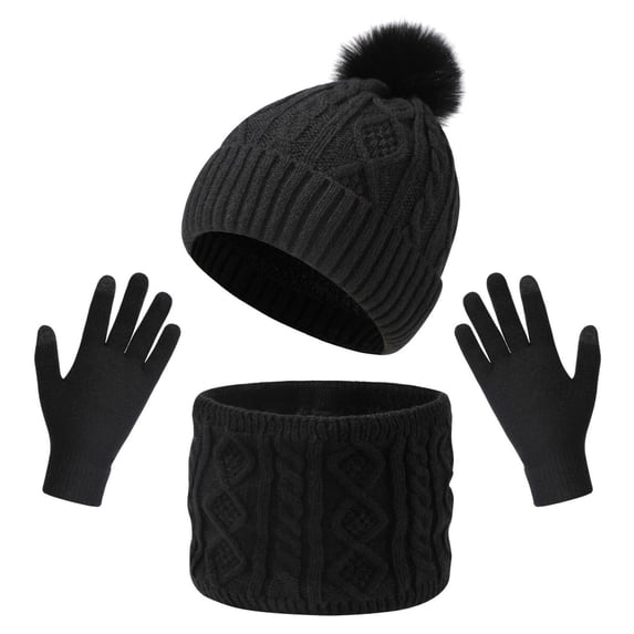 Ounisa Woman Winter 3 PCS Beanie Hat Scarf Gloves Set Beanie with Pom Pom Long Scarf Neck Warmer Touchscreen Gloves