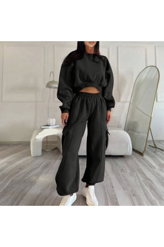 Women 2 Piece Set, Solid Long Sleeved Sweatshirt Set, Elastic High Waist Loose Jogger Pants with Pocket Crew-Neck Long-Sleeved Trousers