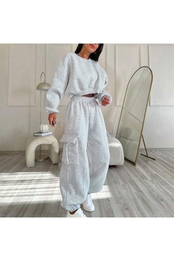 Women 2 Piece Set, Solid Long Sleeved Sweatshirt Set, Elastic High Waist Loose Jogger Pants with Pocket Crew-Neck Long-Sleeved Trousers
