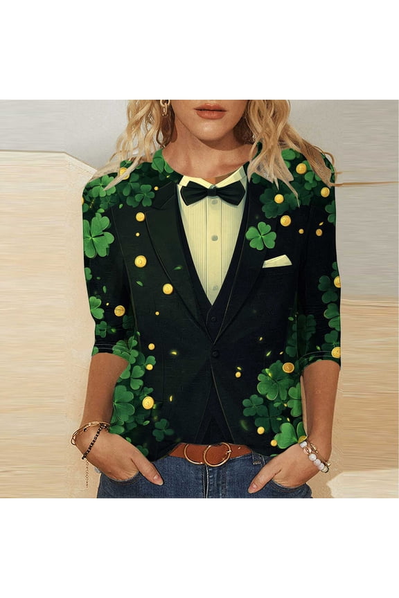 Women 3/4 Sleeve St. Patrick's Day T-Shirts Crew Neck Spring Graphic Tee Tops Clothes