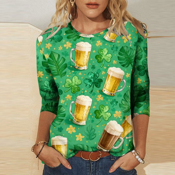 Ounisa Women 3/4 Sleeve St. Patrick's Day T-Shirts Crew Neck Spring Graphic Tee Tops