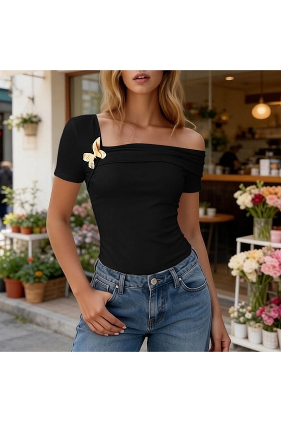 Women 3D Butterfly Decor T-Shirt Slim Fit One Off The Shoulder Blouse Y2k Short Sleeve Ruched Going Out Top