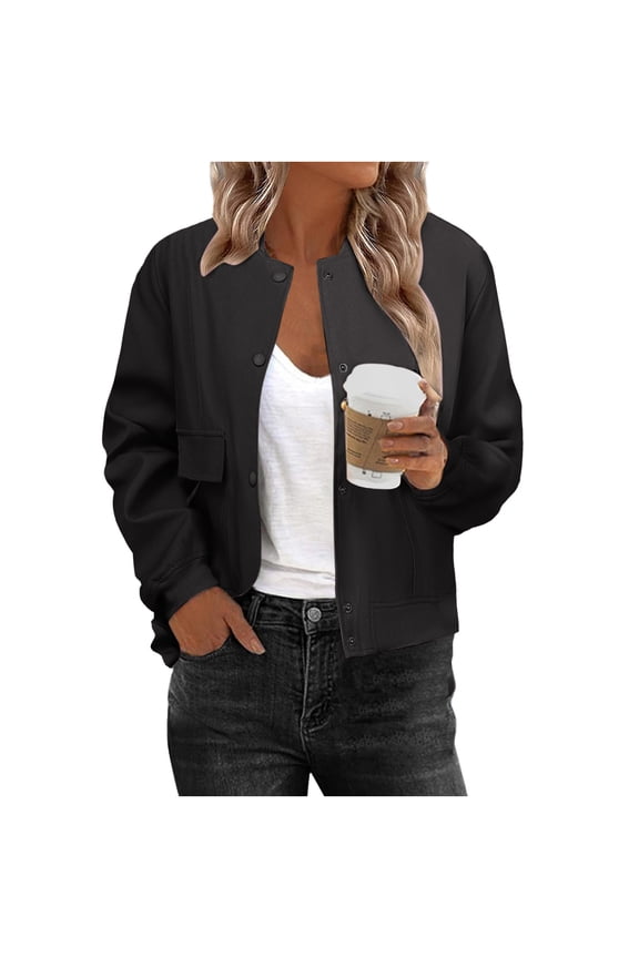 Women Bomber Jacket Casual Fall Winter Button Coats Tops Down Varsity Jackets Shackets with Pockets Outerwear