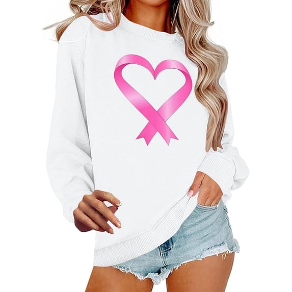 Ounisa Women Breast Cancer Sweatshirt Pink Ribbon Sweater Cancer Awareness Long Sleeve Casual Fall Crewneck Pullover