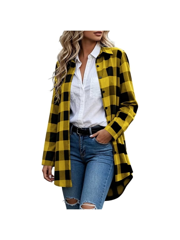 Women Buffalo Plaid Long Shirt Jacket Button Front Long Sleeve Casual Outerwear Fall Fashion Loose Clothes