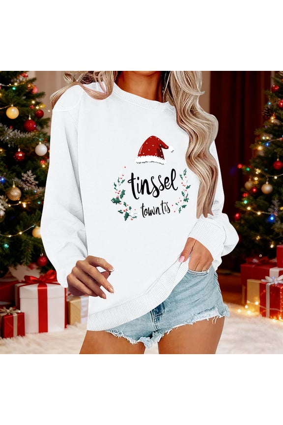 Women Christmas Fleece Sweaters Long Sleeve Crewneck Blouse Pullover Christmas Hat Graphic Sweatshirts Holiday Graphic Shirts