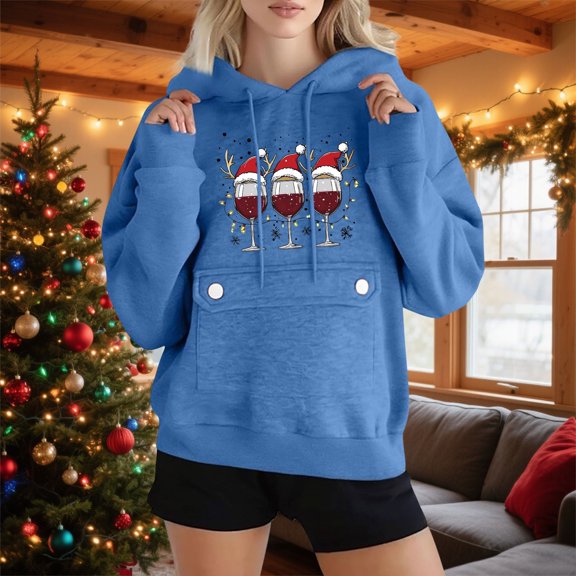 Ounisa Women Fall Hoodies Sweater Knit V Neck Tops Oversized Fashion Red Wine Glass Graphic Pullover Casual Long Sleeve Shirts with Pockets