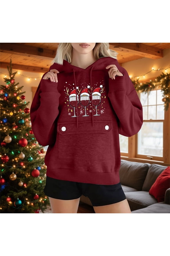 Women Fall Hoodies Sweater Knit V Neck Tops Oversized Fashion Red Wine Glass Graphic Pullover Casual Long Sleeve Shirts with Pockets