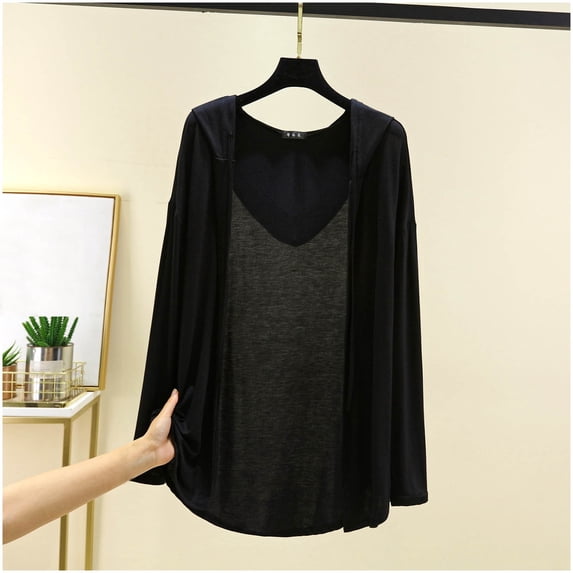 Ounisa Women Fashion Hoodies Casual Solid Color Lightweight Fall Open Front Cardigans Long Sleeve Tops with Pockets