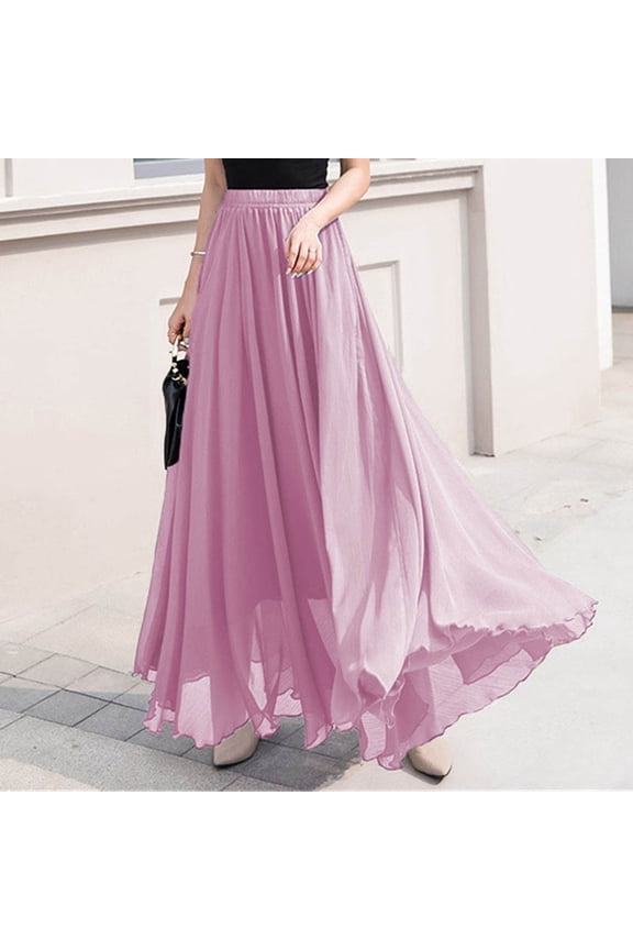 Women Full/Ankle Length Elastic Pleated Retro Maxi Chiffon Long Skirt