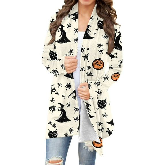 Ounisa Women Halloween Cardigan Witch Pumpkin Graphic Shirt Knitting Long Sleeve Open Front Outwear Knitted Sweaters Coat Thanksgiving Top