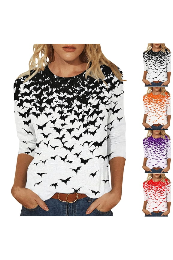 Women Halloween Witch Black Cat Maple Leaf 3/4 Sleeve Round Neck Soft Casual Loose Fit Blouse Top Fall Daily Holiday Wear