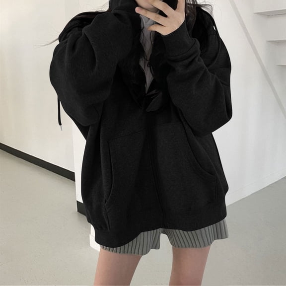 Ounisa Women Harajuku Zip Up Hoodie Vintage Long Sleeve Oversized Solid Color Hoodies Korean Pocket Drawstring Sweatshirts