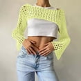 thumbnail image 1 of Ounisa Women Hollow Out Sweater Crop Flounce Off See Through Crochet Top Trumpet Long Sleeve Knit Top, 1 of 5