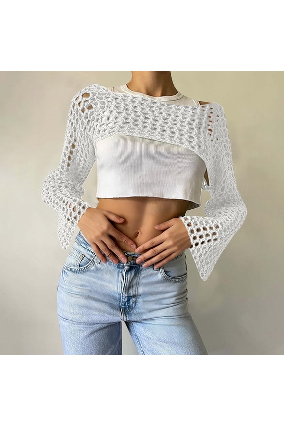 Women Hollow Out Sweater Crop Flounce Off See Through Crochet Top Trumpet Long Sleeve Knit Top