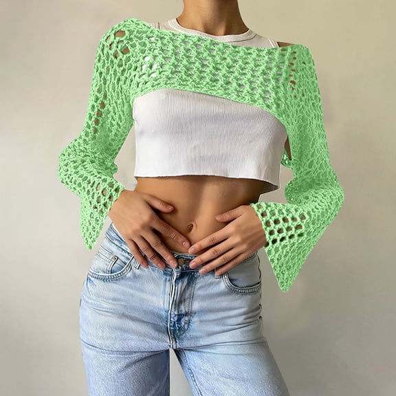 Ounisa Women Hollow Out Sweater Crop Flounce Off See Through Crochet Top Trumpet Long Sleeve Knit Top