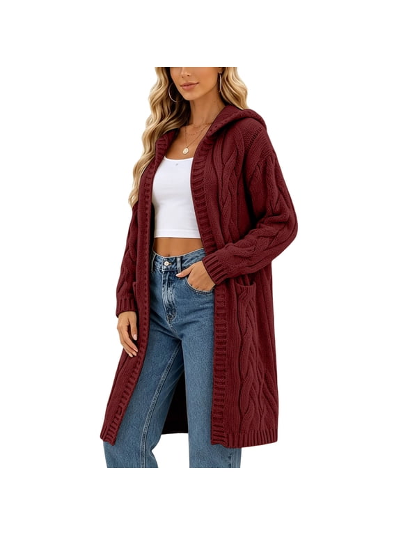 Women Hooded Open Front Cardigan Fall Solid Cable Knit Chunky Long Sweater Coats with Side Pockets