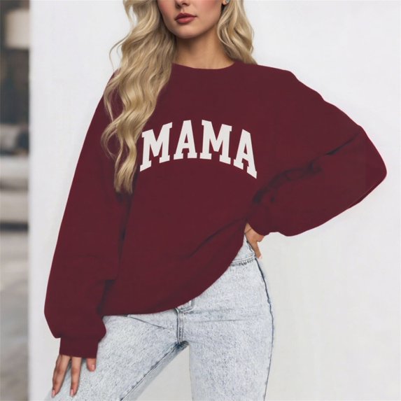 Ounisa Women Long Sleeve Mama Sweatshirts Oversized Crewneck Pullover Hoodies Casual Knit Graphic Mom Tops Sweater