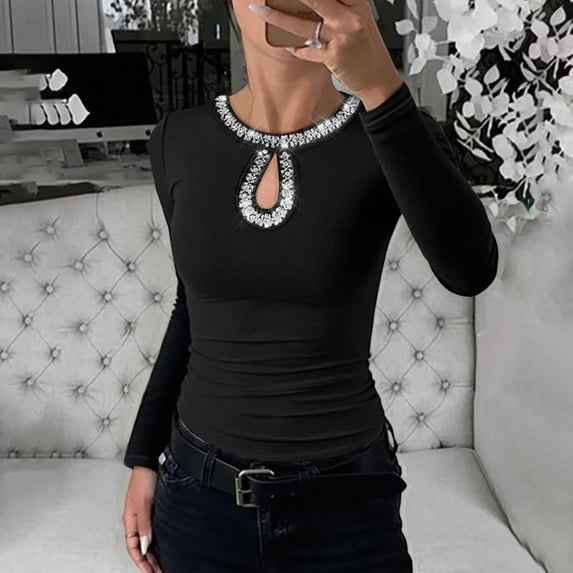 Ounisa Women Long Sleeve Shirt Going Out Top Rhinestone Sequin Keyhole Neck Knit Ribbed Slim Casual T-Shirt