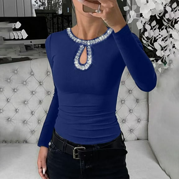 Ounisa Women Long Sleeve Shirt Going Out Top Rhinestone Sequin Keyhole Neck Knit Ribbed Slim Casual T-Shirt