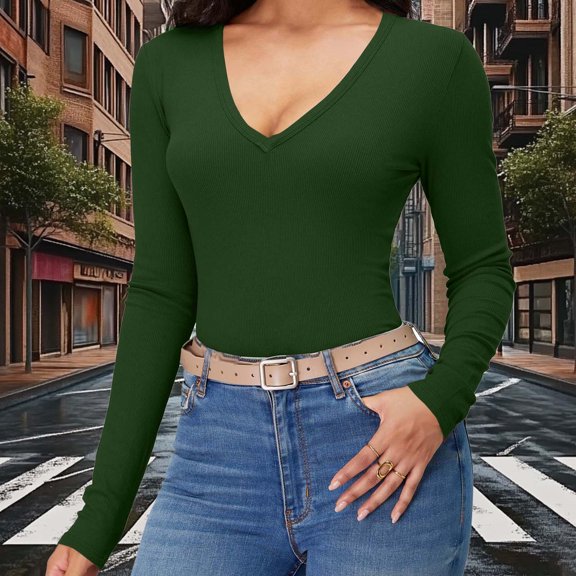 Ounisa Women Long Sleeve V Neck Shirts for Women Business Casual Work Top Knit Slim Fit for Fall