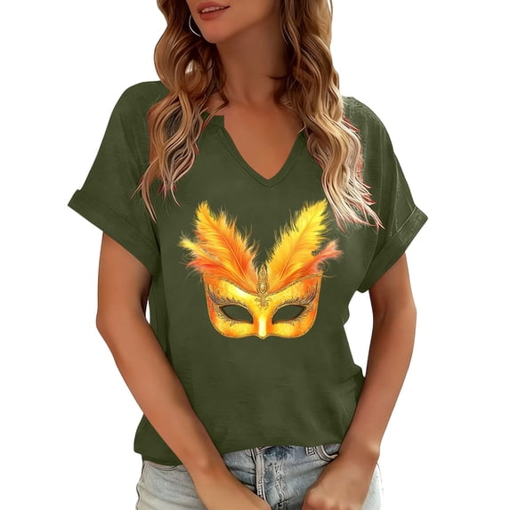 Ounisa Women Mardi Gras Sweatshirts Carnival Sweatshirt Funny Mask Graphic Short Sleeve Shirt Fat Tuesday Pullover Top