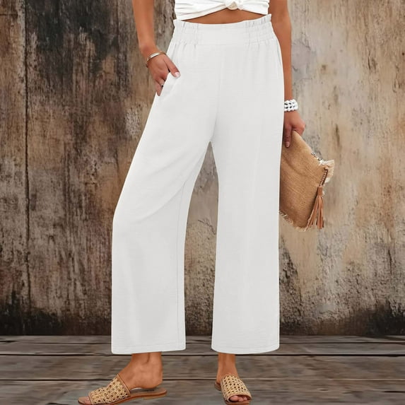 Ounisa Women Office Wide High Waist Pants Loose Fit Elastic Waist Pleated Front Trousers for Work Casual