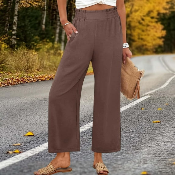 Ounisa Women Office Wide High Waist Pants Loose Fit Elastic Waist Pleated Front Trousers for Work Casual