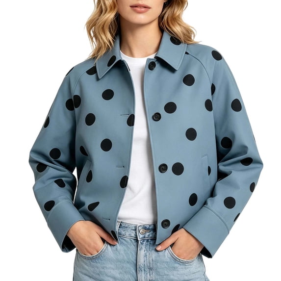 Ounisa Women Polka Dot Cropped Jacket Lapel Button Down Long Sleeve Short Coat Casual Outerwear with Side Pockets