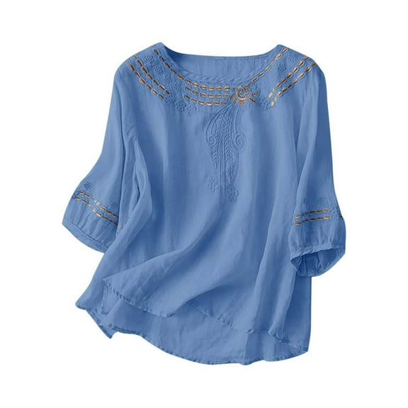 Ounisa Women Round Neck Cotton Linen Tops Summer Short Sleeve Solid Color Pullover Tunic Elegant Blouse Tee